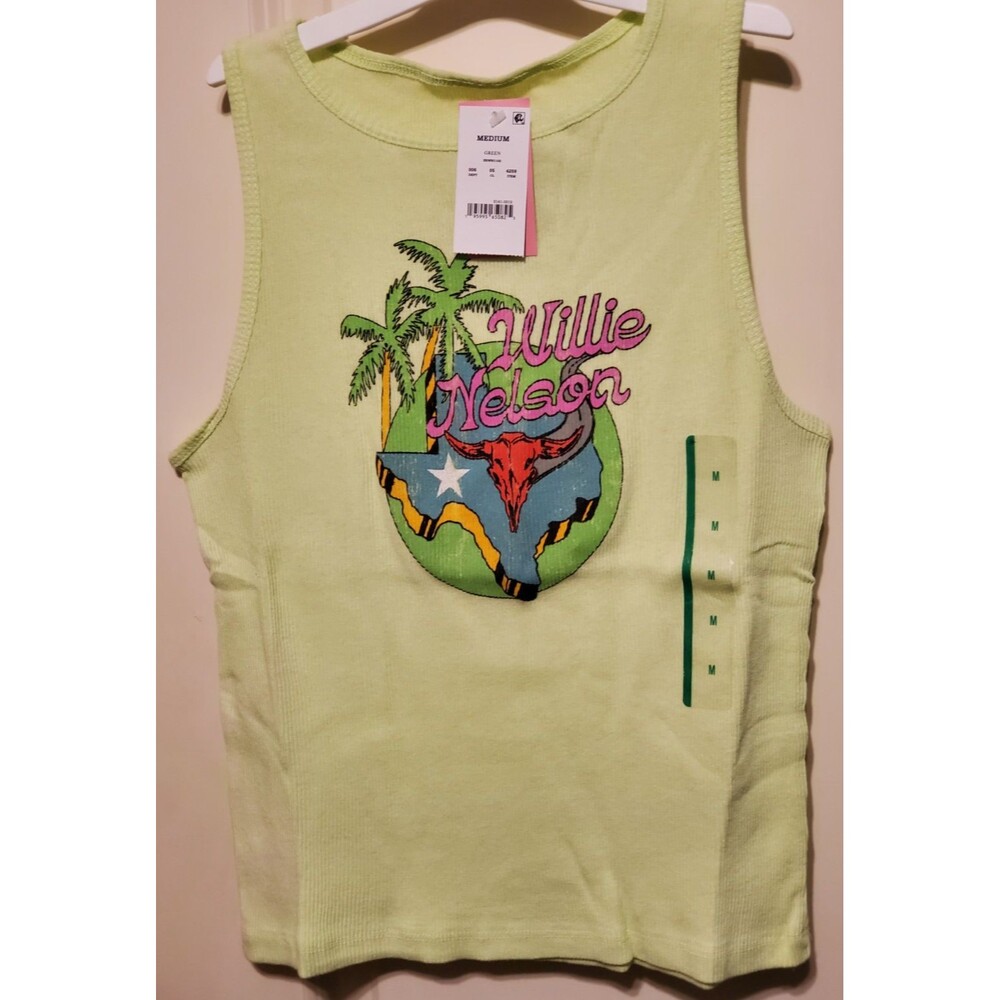 Willie Nelson Women's Ribbed Green Graphic Tank Top Zion Rootswear MEDIUM -NWT